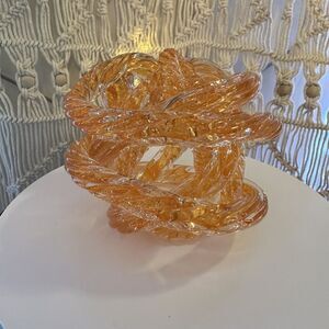 Art Deco Glass Twisted Orb Infinity Knot Decor, Sculpture Figurine. Orange/Clear